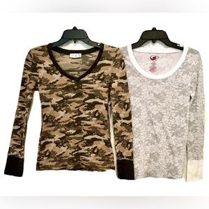 Op Ocean Pacific Womens Jr. 7/9 Lace Floral & Camo Long Sleeve Waffle Knit Tops